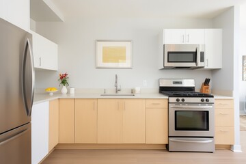Fototapeta premium minimalist kitchen, asymmetrical cabinets, stainless steel appliances