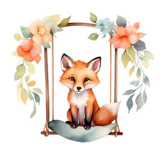 cute little fox on a swing with flowers