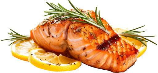 Pan-fried salmon with rosemary and lemon isolated on transparent background. PNG