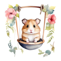 cute little hamster on a swing with flowers