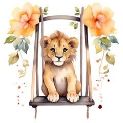 cute little lion cup on a swing with flowers