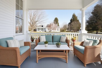 wicker furniture set on a wide veranda of shingle style house