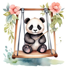 cute little baby panda on swing with flowers