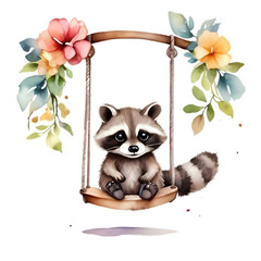 cute little bay racoon on swing with flowers