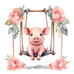 cute little baby pig on swing with pink flowers