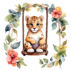 cute baby leopard on a swing with flowers