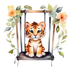 cute tiger cup on a swing with flowers