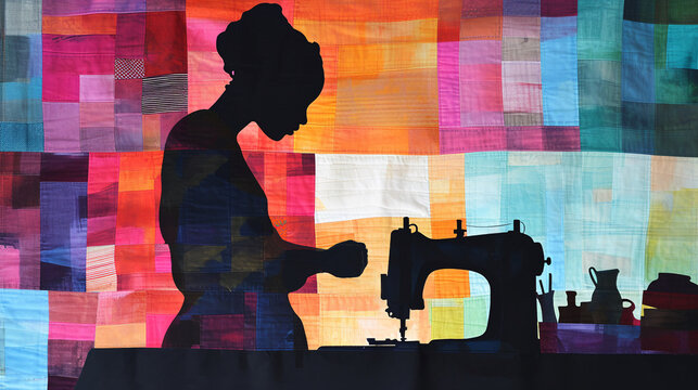 Woman with Sewing Machine Silhouette Quilting - Powered by Adobe