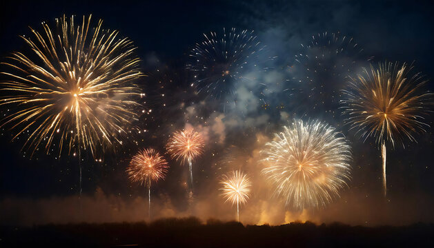 Image illustration of a fireworks display. Multiple bright fireworks shooting up into the night sky.