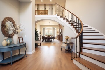 curved staircase with wrought iron handrail in luxury foyer - obrazy, fototapety, plakaty