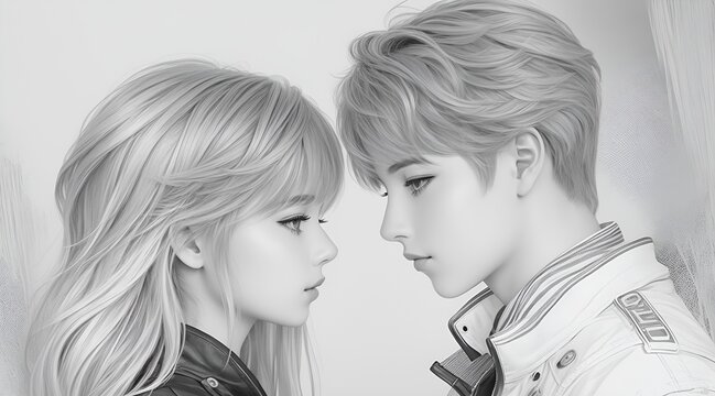This Valentine's Day concert illustration showcases a black and white drawing of a couple engrossed in each other's gaze, radiating love and affection.