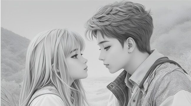 This black and white drawing portrays a couple engrossed in each other's gaze, reminiscent of a Valentine's Day concert illustration.