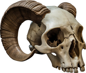 Bighorn Ram skull with horns isolated on transparent background. PNG