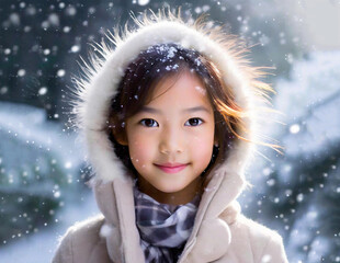 冬 雪の中で微笑む少女 (ポートレート)