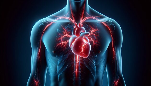 Human torso and chest with painful expression. Severe heartache, having heart attack or painful cramps, heart disease.