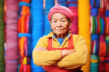 portrait of a yarn dyer with arms folded, colorful background