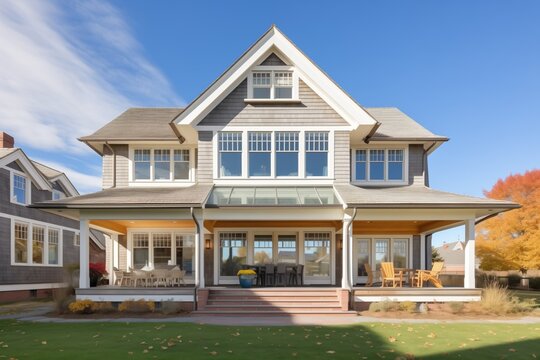 shingle style gambrel house with wraparound windows