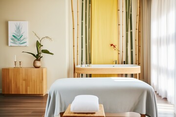 tranquil room with a massage table and bamboo decoration