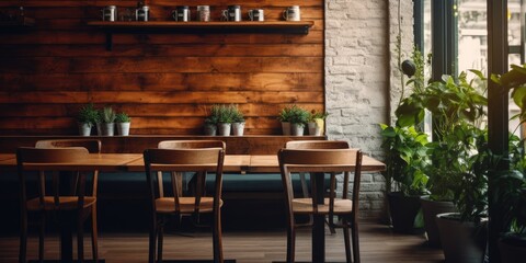 A coffee shop interior with a wooden table can be used for displays or montages.