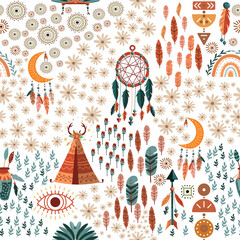 African Tribal Elements Seamless Pattern. Bohemian Background. Suitable for Accessories, Home D&eacute;cor, Stationary, Textile & Fabric, Wallpaper, Website or any other Printing Purposes.