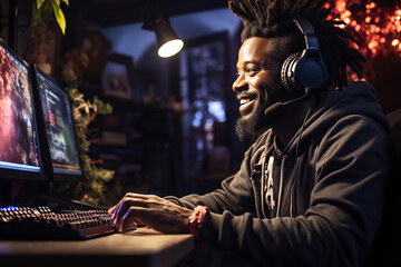 Happy young smiling black man teen gamer streamer playing online games in front of computer monitor - obrazy, fototapety, plakaty