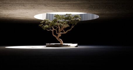 Surreal architectural art. Japanese style tree in center of the room with circular opening top.