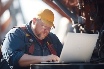 ship mechanic using a laptop for diagnostics on the bridge