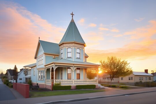 Victorian Home With Bay Window At Sunset