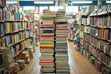 the bookstore with bookshelf full of books professional photography