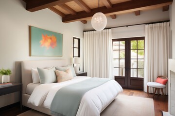 cozy bedroom with stucco walls, dark wood ceiling, and white linens