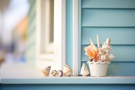 closeup of pastel blue cottage with seashells on window sill