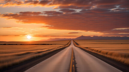 A road extending toward a vibrant sunset perspective view beautiful sunset landscape scene perfect for wallpaper, background, your websites, articles and blogs, wall arts
