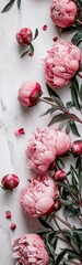 A bunch of pink peonies on a marble surface