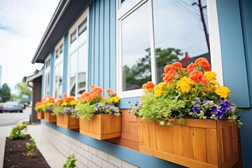 aframe with vibrant flowers in window boxes