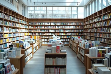 the bookstore with bookshelf full of books professional photography