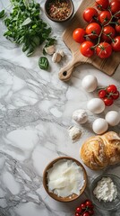 A marble counter top with a variety of ingredients on it