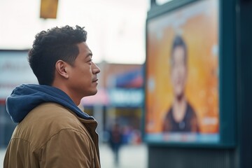 actor looking at a billboard of their movie