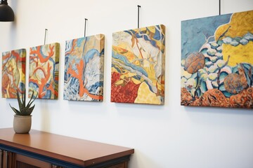 painterly textured canvases displayed in a neat row