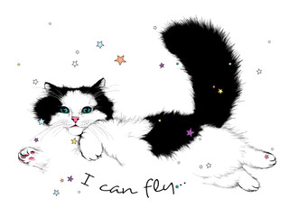 Beautiful fluffy cat. Illustration with a flying cat and stars. I can fly illustration. Stylish image for printing on any surface
