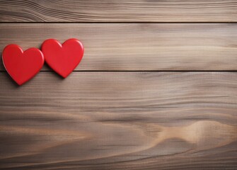Valentines day background with two red hearts on wooden table