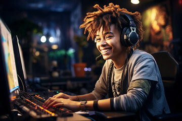 Happy young smiling black teen boy gamer streamer playing online games in front of computer monitor