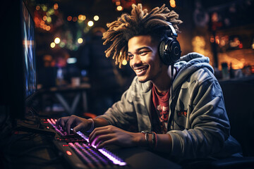 Happy young smiling black teen boy gamer streamer playing online games in front of computer monitor - obrazy, fototapety, plakaty