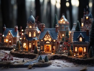 Fototapeta premium Miniature Christmas Winter Village Town Snow Lights Model House Houses Background Wallpaper Image