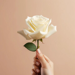 Woman hands holding white rose for Happiness moment, Love, couple, Anniversary, Valentine's day, wedding and love concept, Generative AI.