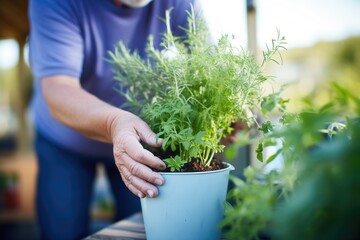 hand picking organic herbs from a store plant pot