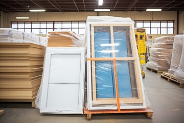 packed plastic windows ready for shipping in warehouse