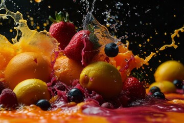 Juicy fruit explosion colored, smooth, realistic. Generative AI