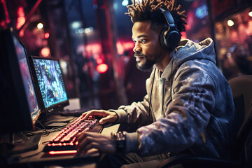 Happy smiling black man gamer streamer playing online games in front of computer monitor