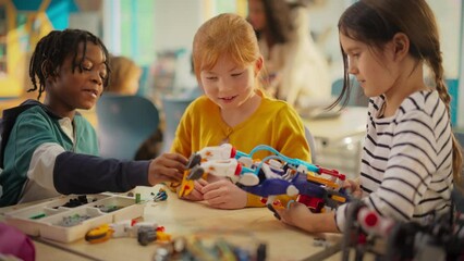 Elementary School Students Sitting Behind a Table in a Group, Building a Robot Hand Project for a Science and Technology Fair. Young Boys and Girls Wish to Become Engineers in Robotics
