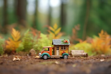 miniature wooden house on wheels in a forest clearing